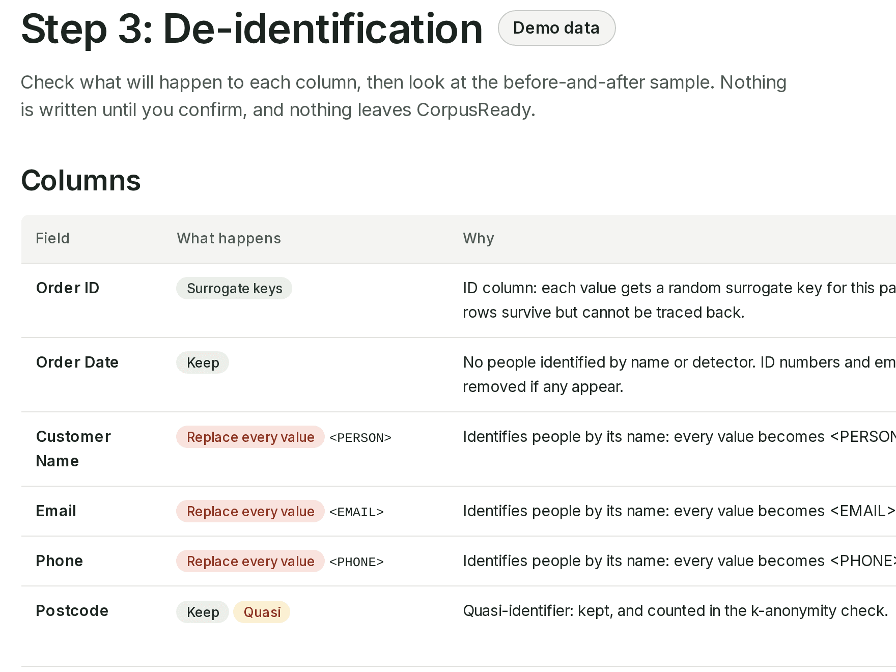 De-identification review screen for the demo order export: each column with what will happen to it, such as surrogate keys for Order ID and the tags PERSON, EMAIL and PHONE for name, email and phone columns, and Postcode kept as a quasi-identifier.